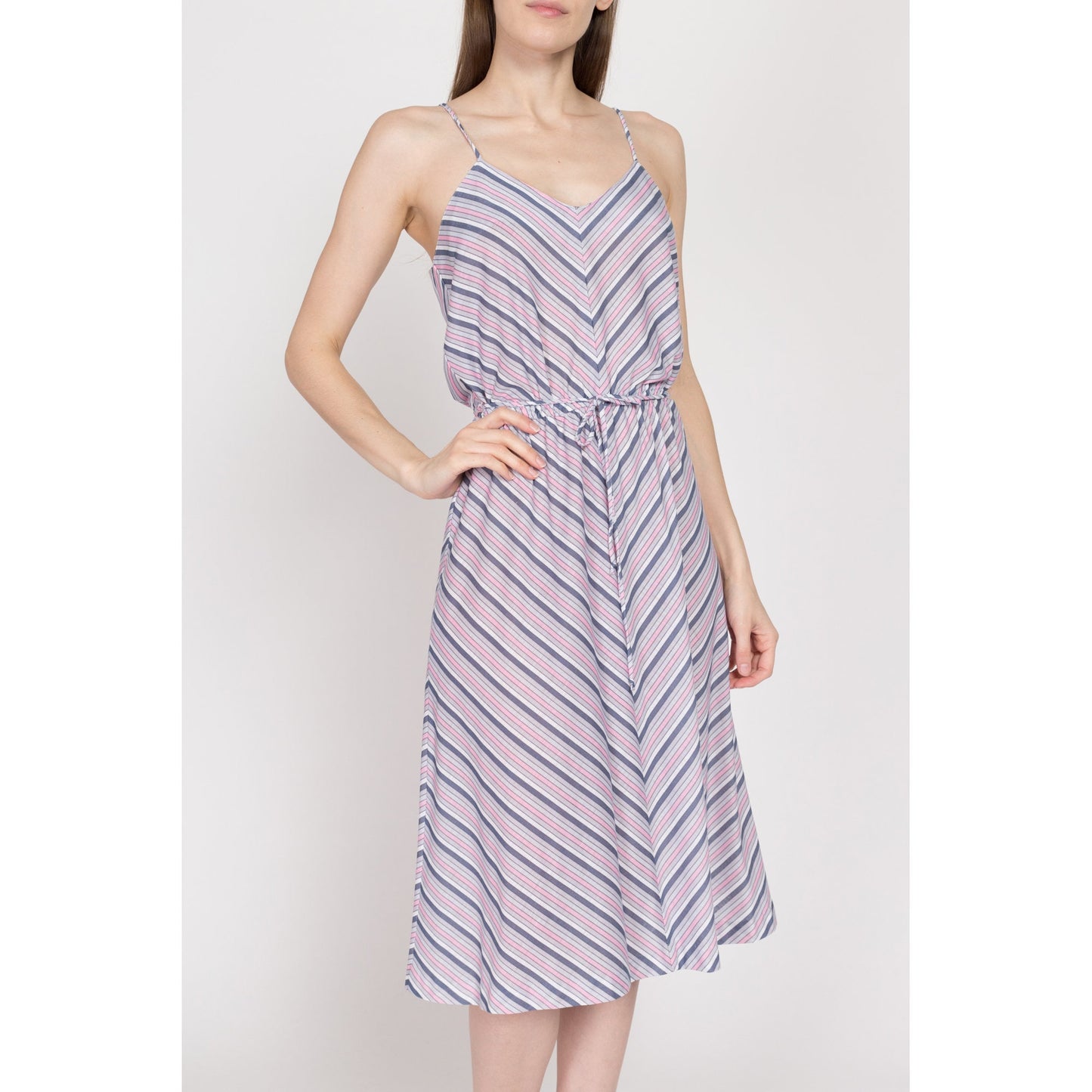Sm-Med 70s Chevron Striped Midi Sundress | Vintage Pink Blue Boho Spaghetti Strap Blouson Dress