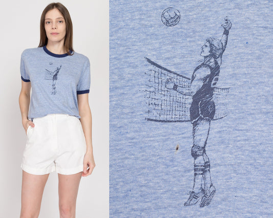 Med-Lrg 70s Volleyball Graphic Blue Ringer Tee | Vintage Distressed Heather Blue Athletic Team T Shirt