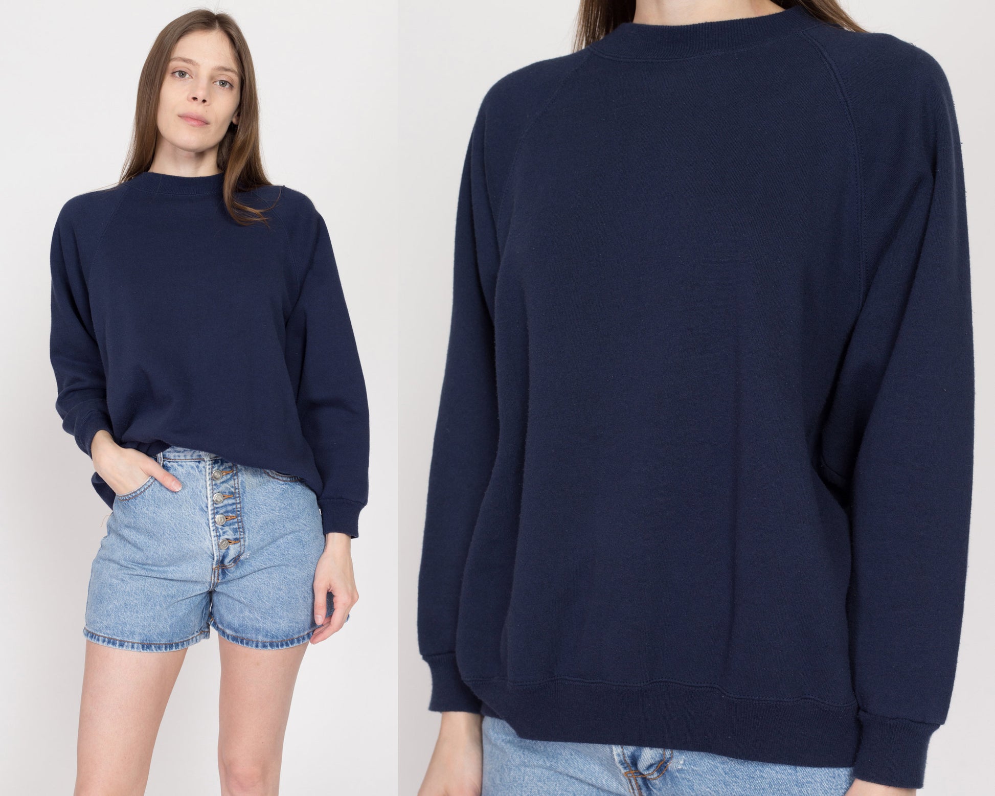 1X 90s Navy Blue Soft Raglan Sweatshirt | Vintage Slouchy Plain Crewneck Pullover