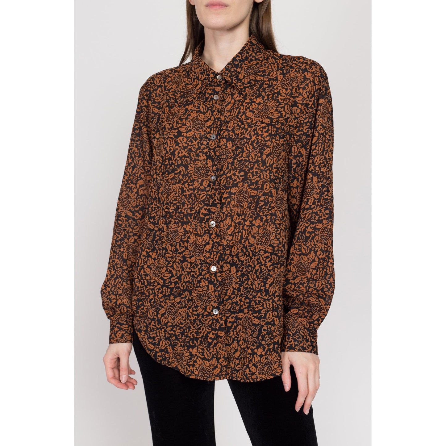 Large 80s Baroque Black & Orange Floral Blouse | Vintage Long Sleeve Button Up Oversize Secretary Top