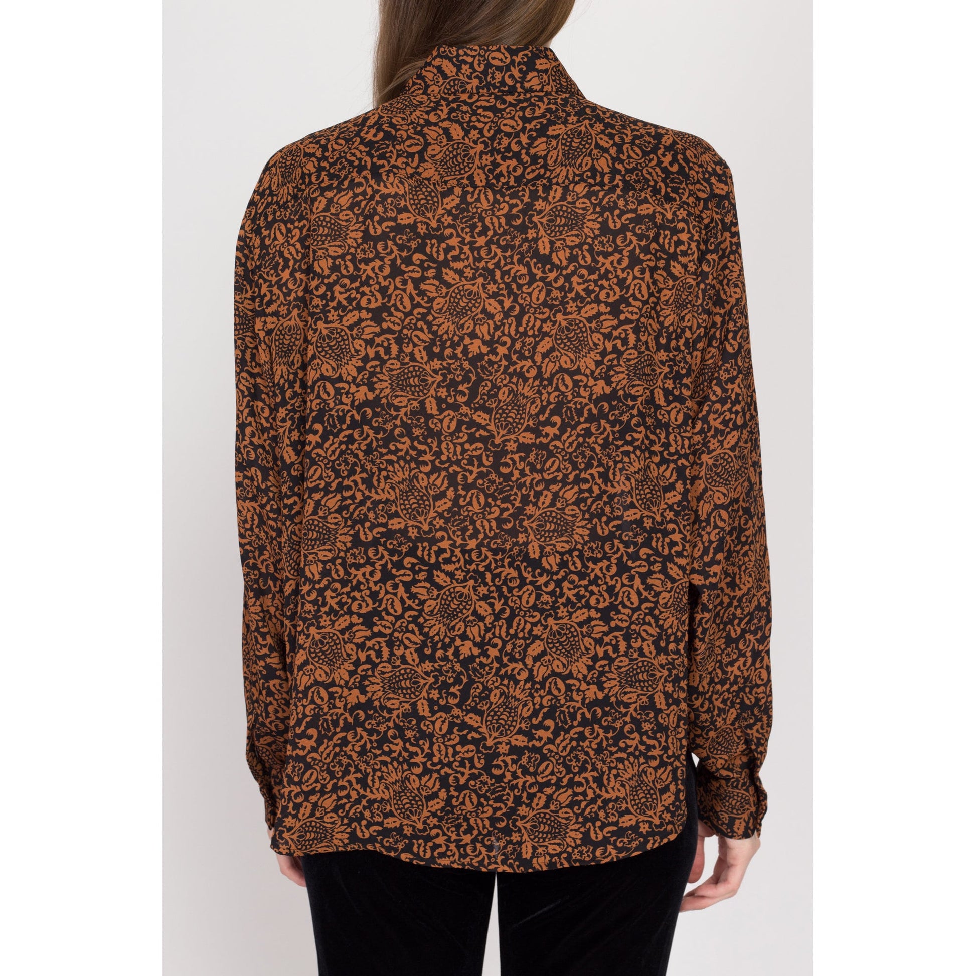 Large 80s Baroque Black & Orange Floral Blouse | Vintage Long Sleeve Button Up Oversize Secretary Top