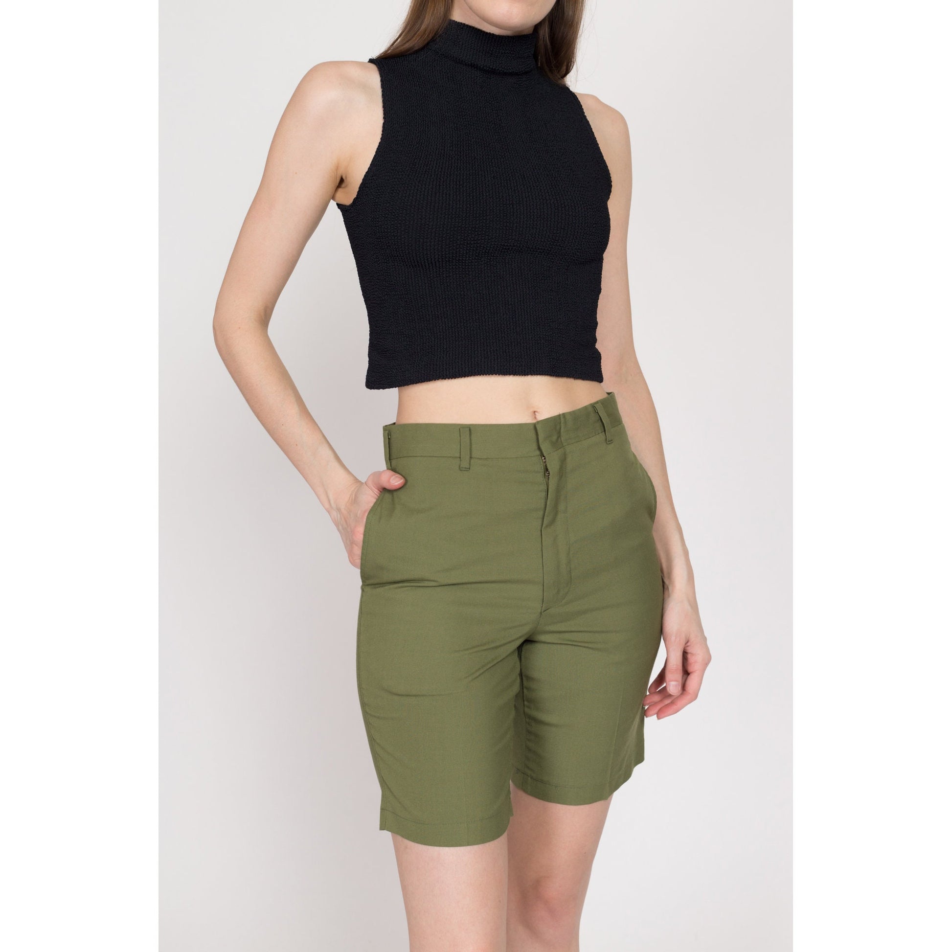 XS 70s Army Green Shorts | Vintage High Waisted Retro Trouser Shorts