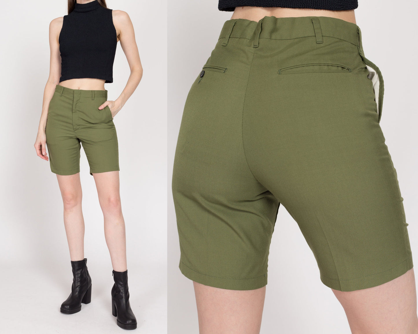 XS 70s Army Green Shorts | Vintage High Waisted Retro Trouser Shorts