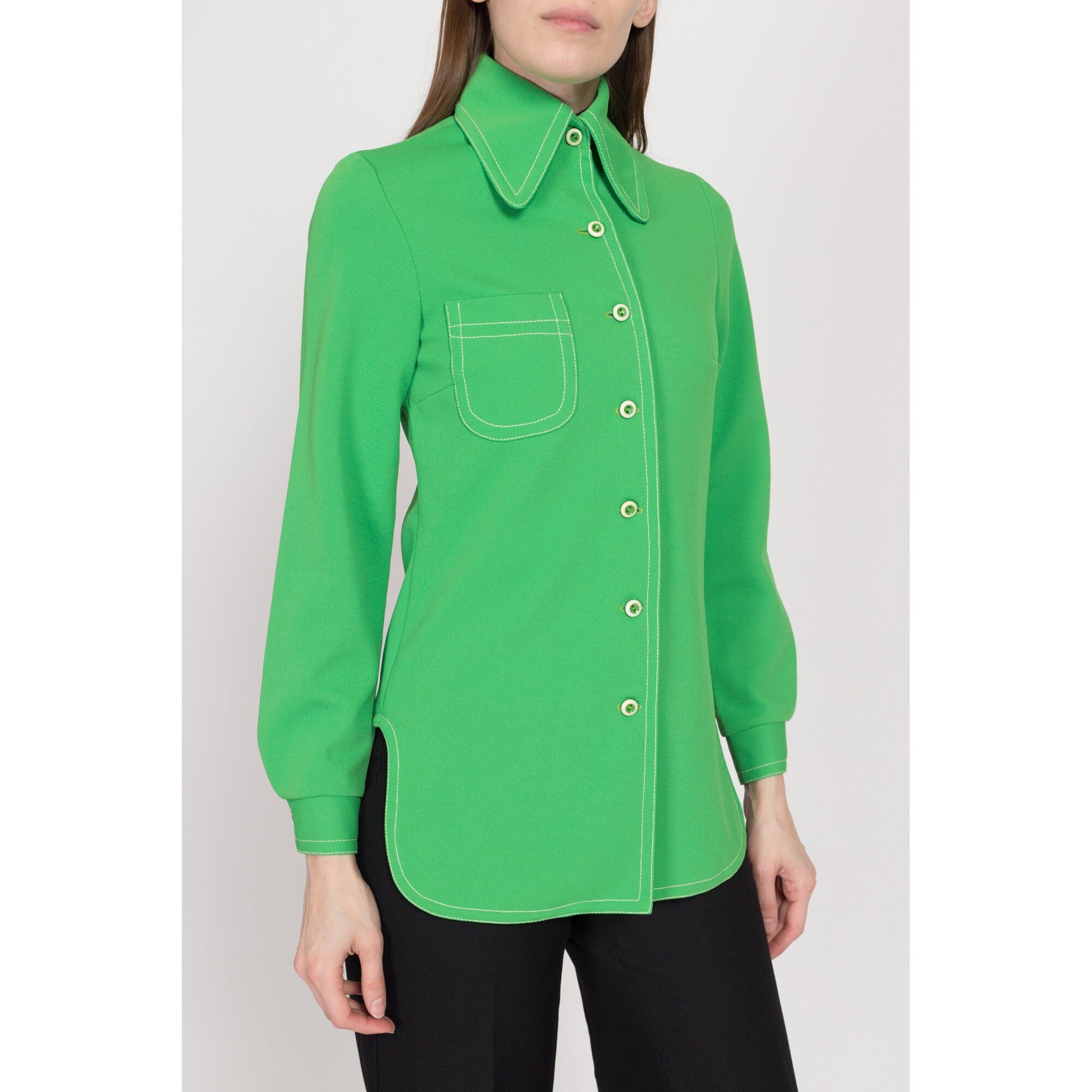 XS 60s 70s Mod Kelly Green Dog Ear Collar Shirt Jacket | Vintage Button Up Collared Shacket Overshirt
