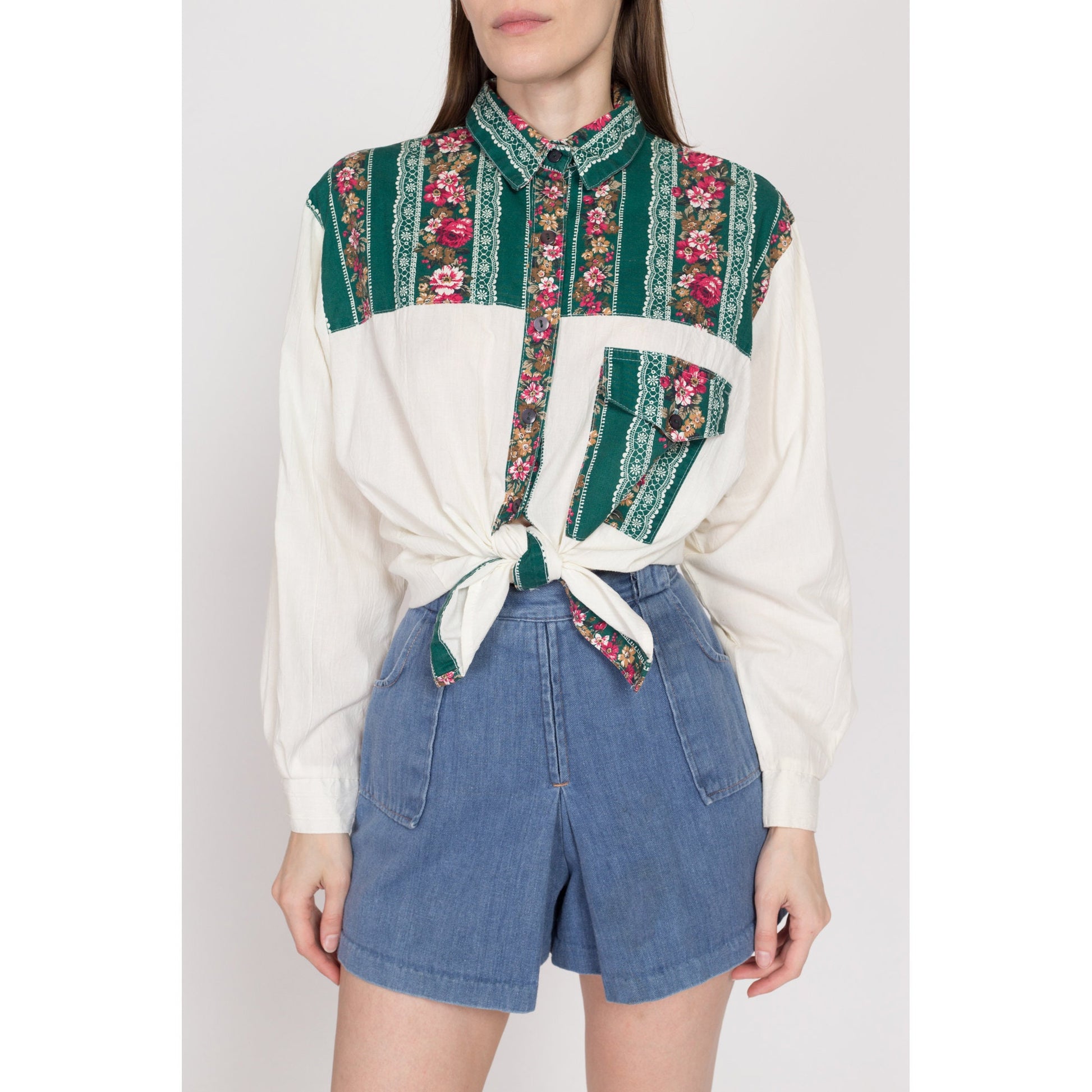Medium 90s Does 70s Boho Gauzy Floral Western Blouse | Vintage White Green Long Sleeve Button Up Top