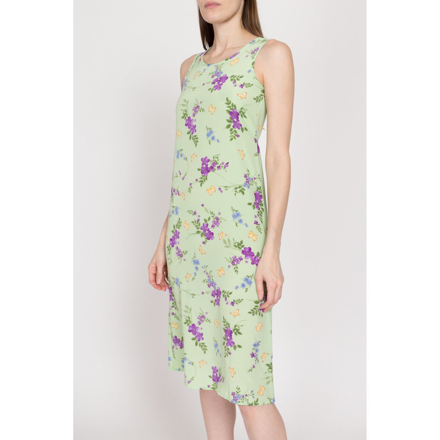 XS 90s Green Floral & Butterfly Midi Tank Dress Petite | Vintage Grunge Sleeveless Tie Back Sundress