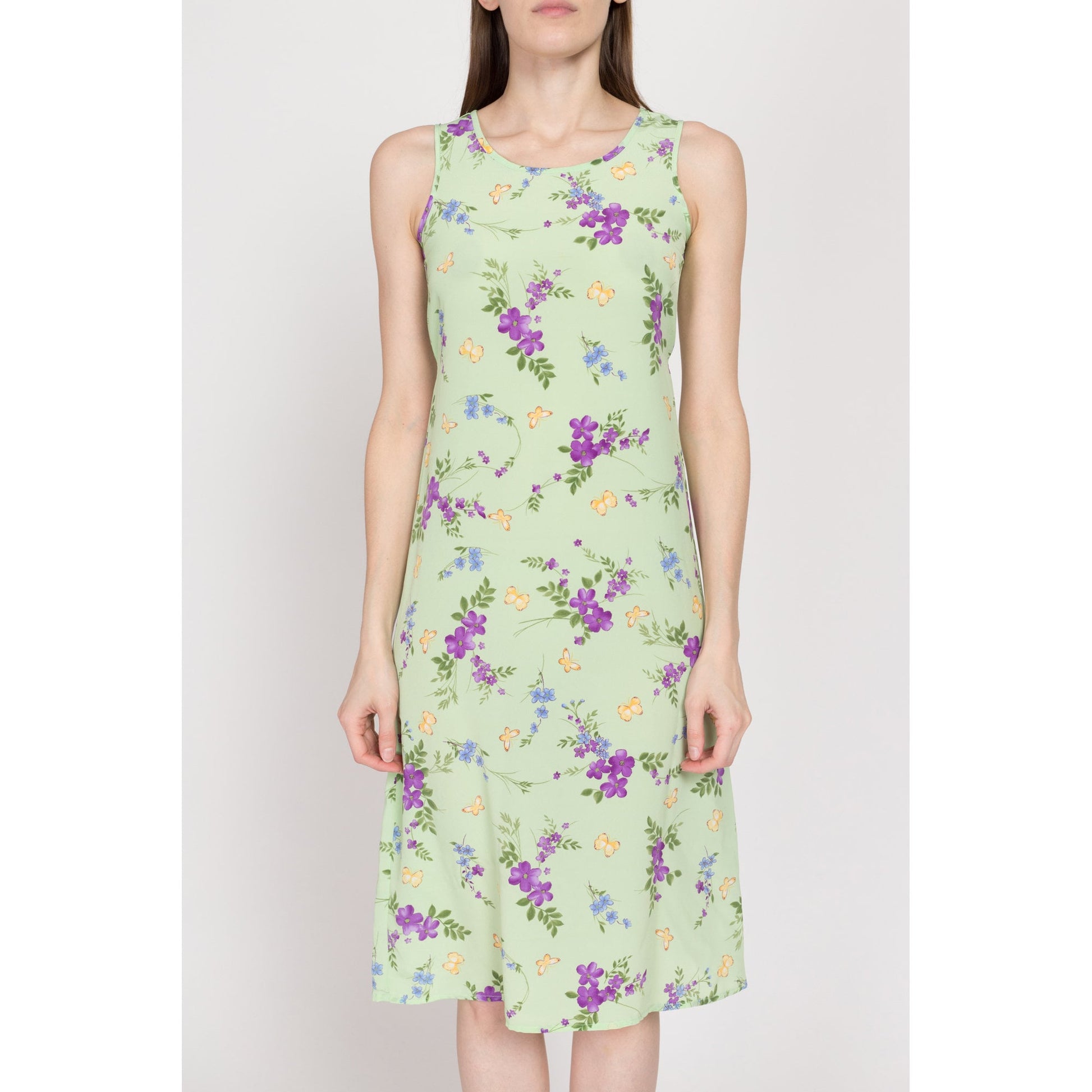 XS 90s Green Floral & Butterfly Midi Tank Dress Petite | Vintage Grunge Sleeveless Tie Back Sundress