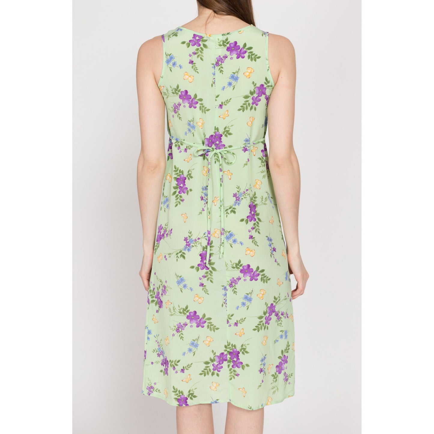 XS 90s Green Floral & Butterfly Midi Tank Dress Petite | Vintage Grunge Sleeveless Tie Back Sundress