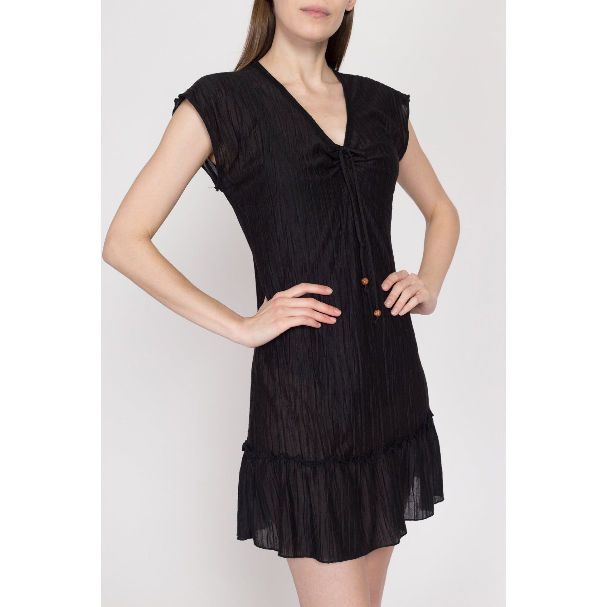 Small 90s Sheer Black Mini Sundress | Vintage Grunge Short Sleeve Boho Beach Cover Up Dress