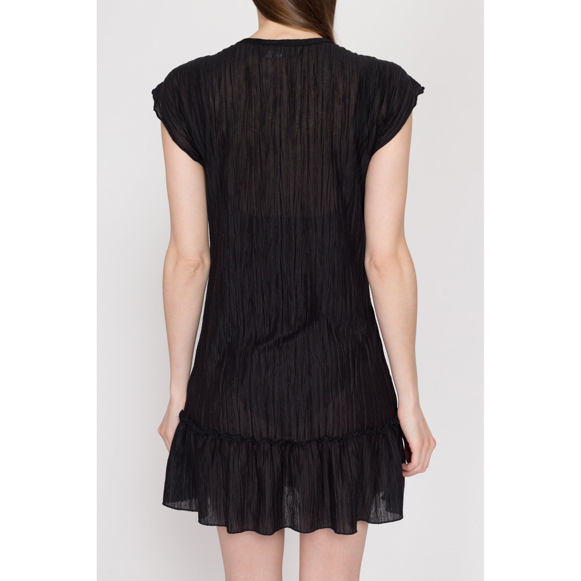 Small 90s Sheer Black Mini Sundress | Vintage Grunge Short Sleeve Boho Beach Cover Up Dress