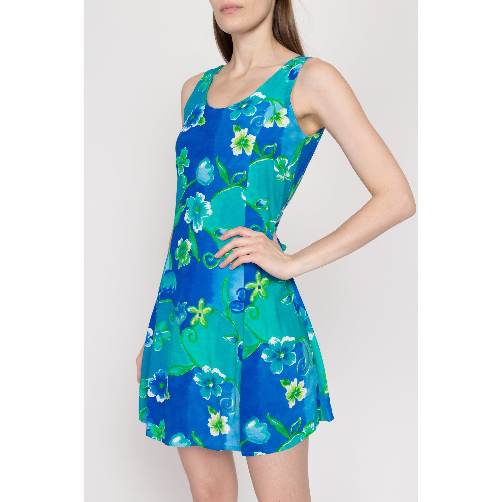 XS 90s Blue & Green Tropical Floral Mini Sundress | Vintage Big Hed Boho Tie Back Sleeveless Summer Tank Dress