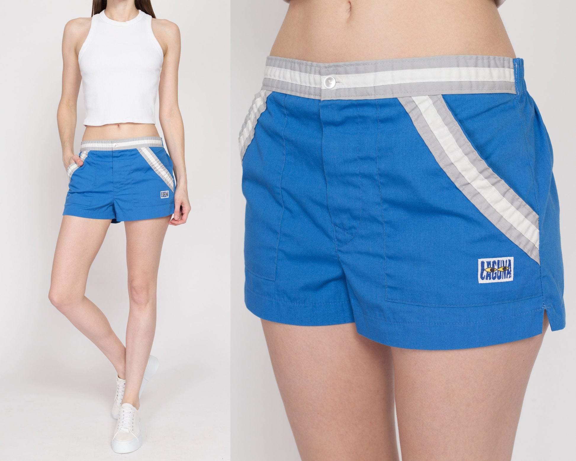 Small 80s Laguna Blue Mini Swim Shorts Unisex | Vintage Striped Trim Mid Rise Swimwear