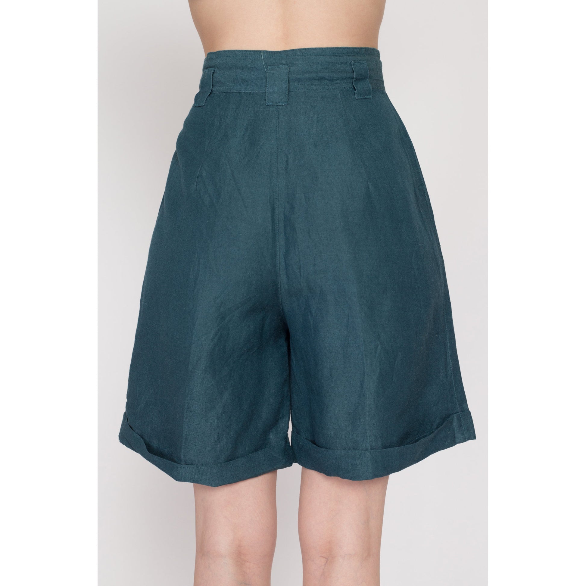 XS 80s Dark Teal Pleated Wide Leg Shorts 25" | Vintage High Waisted Cuffed Culotte Shorts