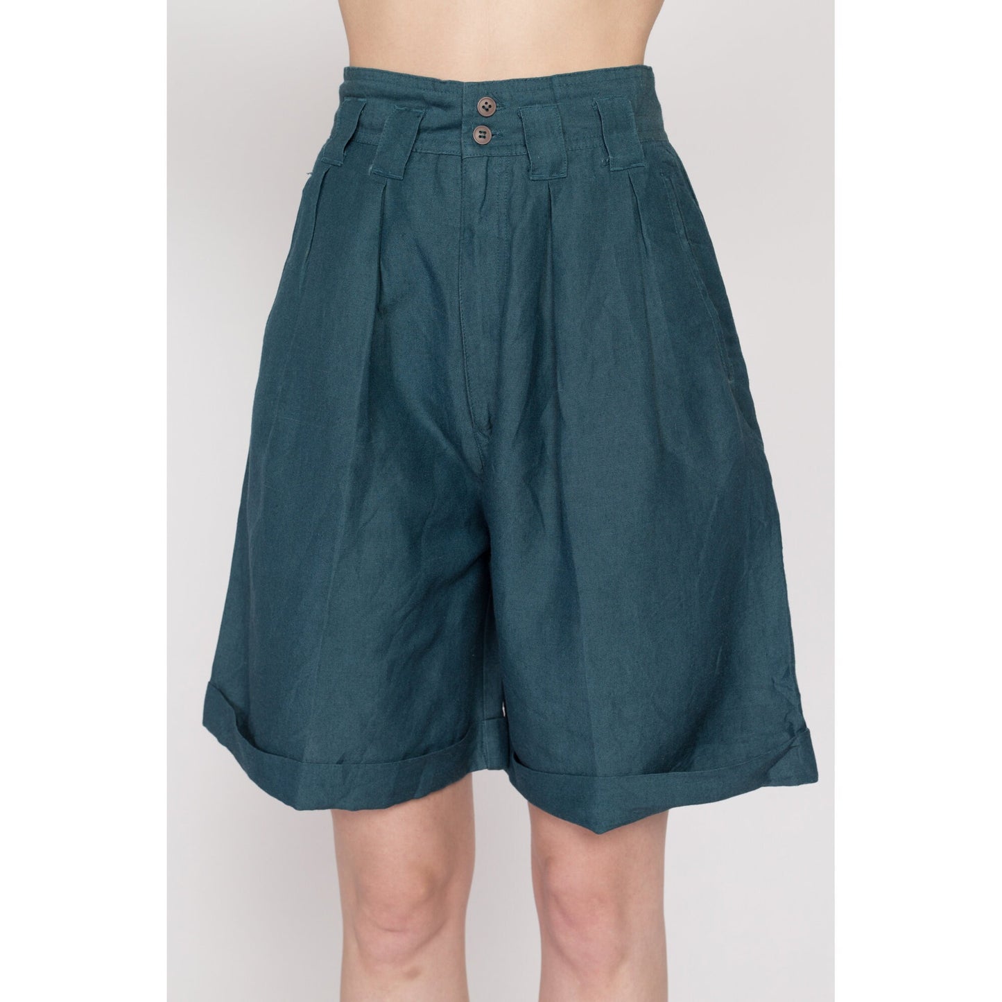 XS 80s Dark Teal Pleated Wide Leg Shorts 25" | Vintage High Waisted Cuffed Culotte Shorts