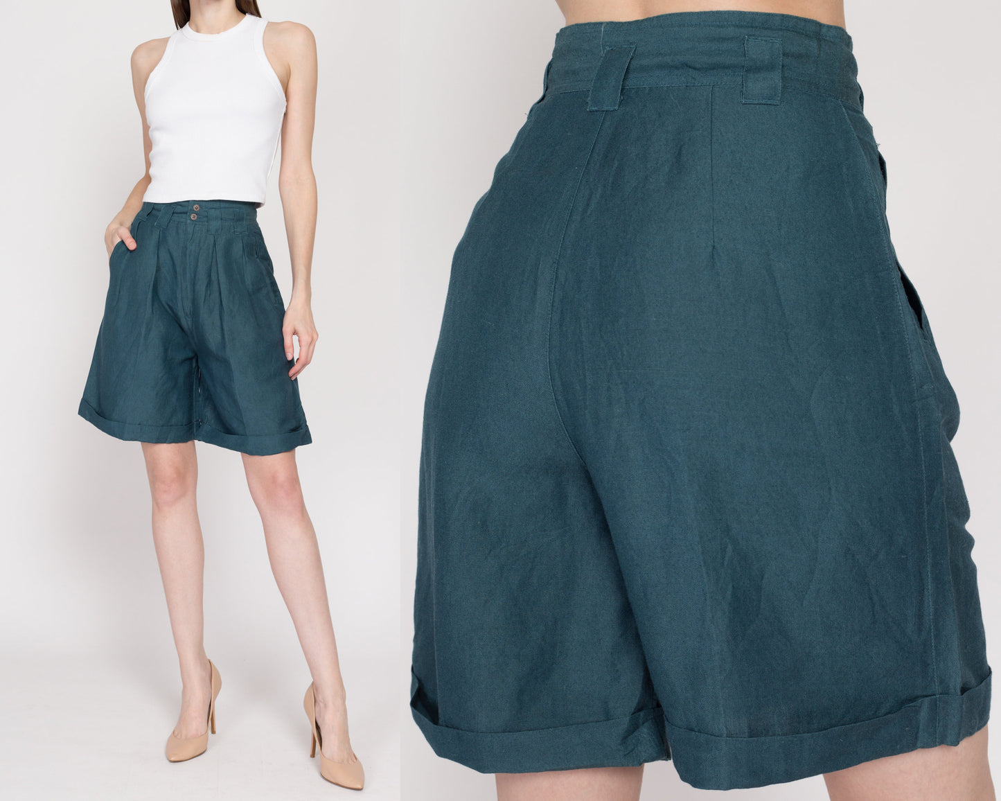 XS 80s Dark Teal Pleated Wide Leg Shorts 25" | Vintage High Waisted Cuffed Culotte Shorts