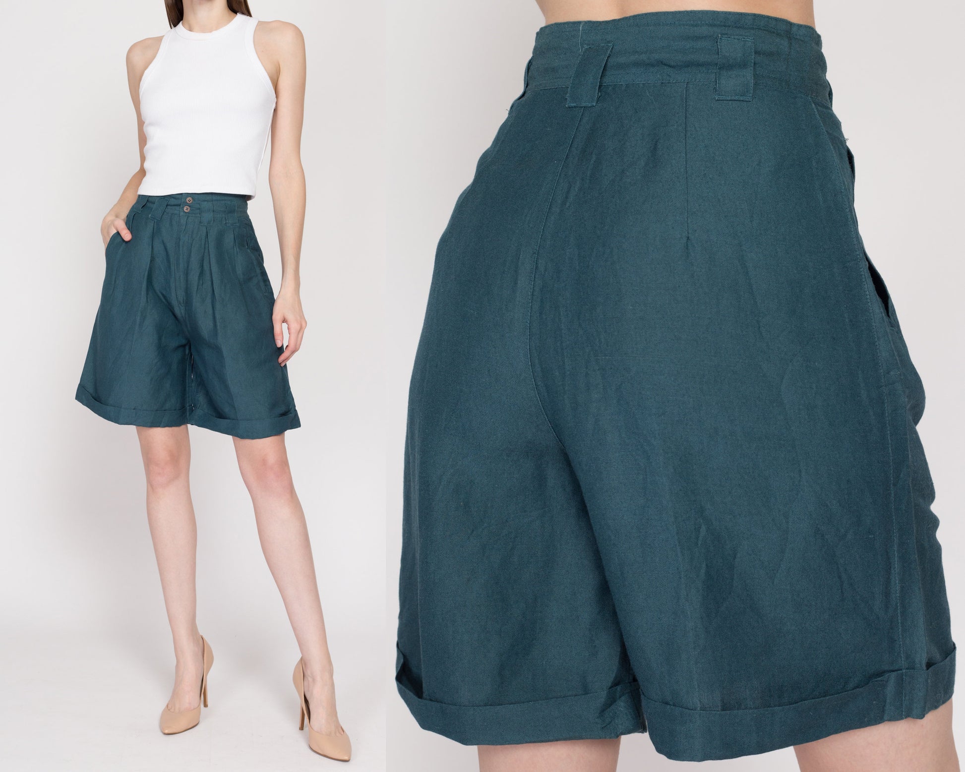 XS 80s Dark Teal Pleated Wide Leg Shorts 25" | Vintage High Waisted Cuffed Culotte Shorts
