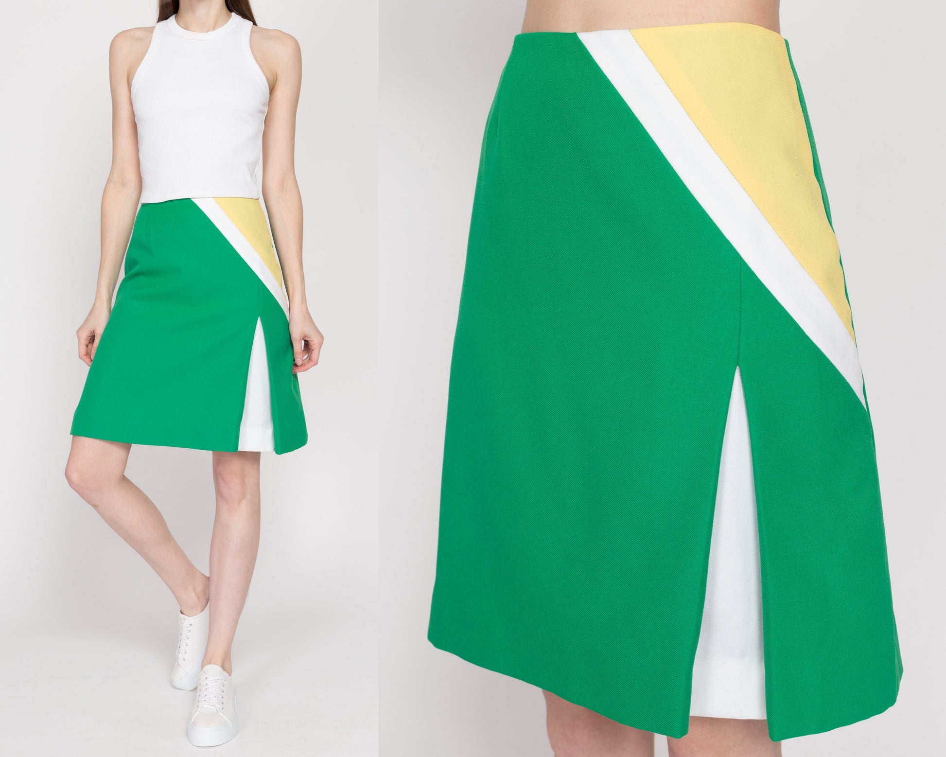 Small 70s Green Color Block Tennis Skirt 25.5" | Retro Sportswear High Waisted A Line Athletic Mini Skort