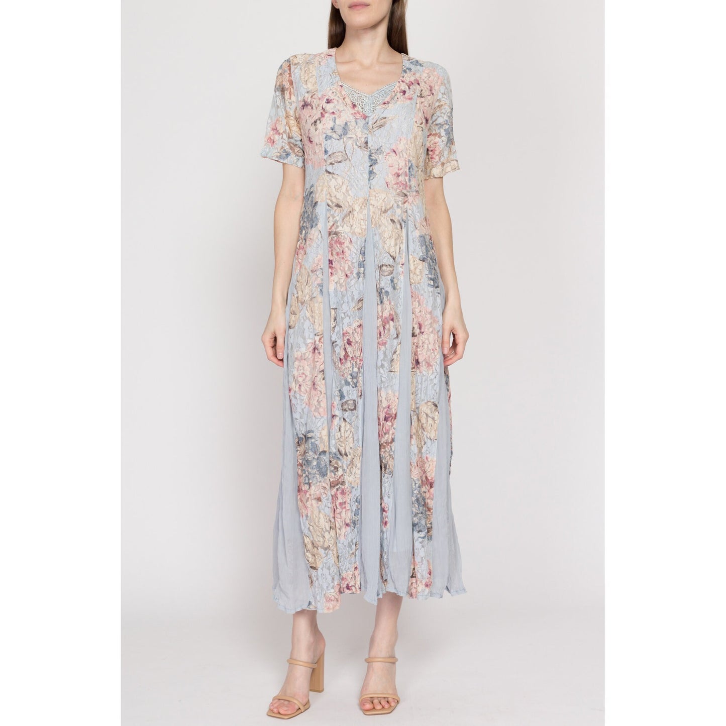 Large 90s Boho Blue Floral Lace Maxi Dress | Vintage Starina Short Sleeve Summer Sundress
