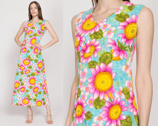 XS 70s Blue & Pink Sunflower Print Sleeveless Maxi Dress | Vintage Hawaiian Floral Boho Long Column Sundress
