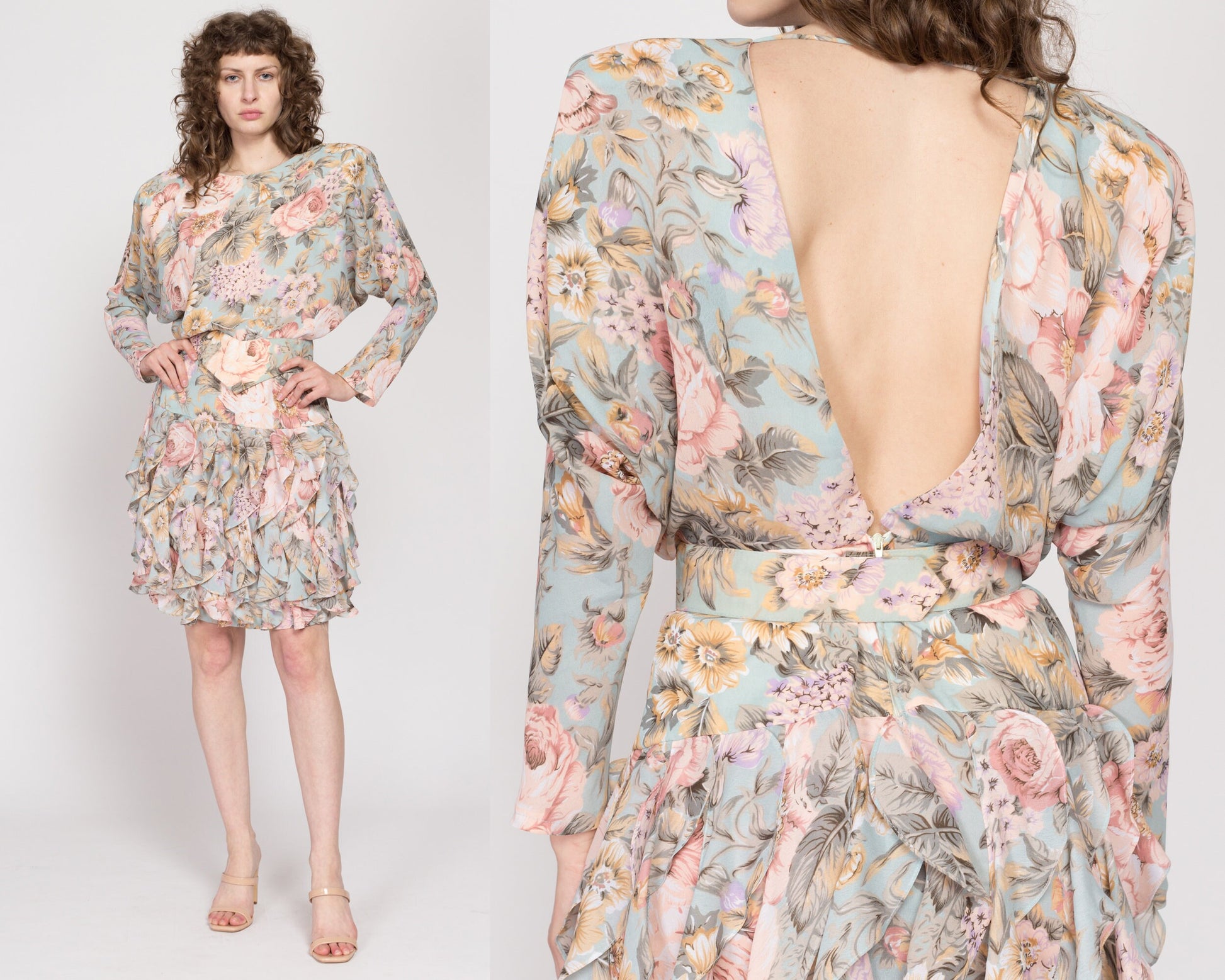 Medium 80s Floral Keyhole Back Ruffle Mini Dress | Retro Vintage Long Dolman Sleeve Backless Dress