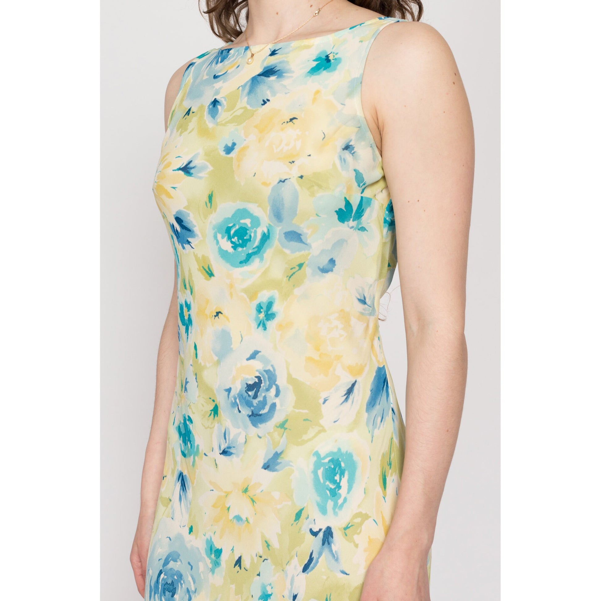 Sm-Med 90s Yellow & Blue Floral Silk Bias Maxi Dress | Vintage Ann Taylor Low Back Sleeveless Formal Sundress