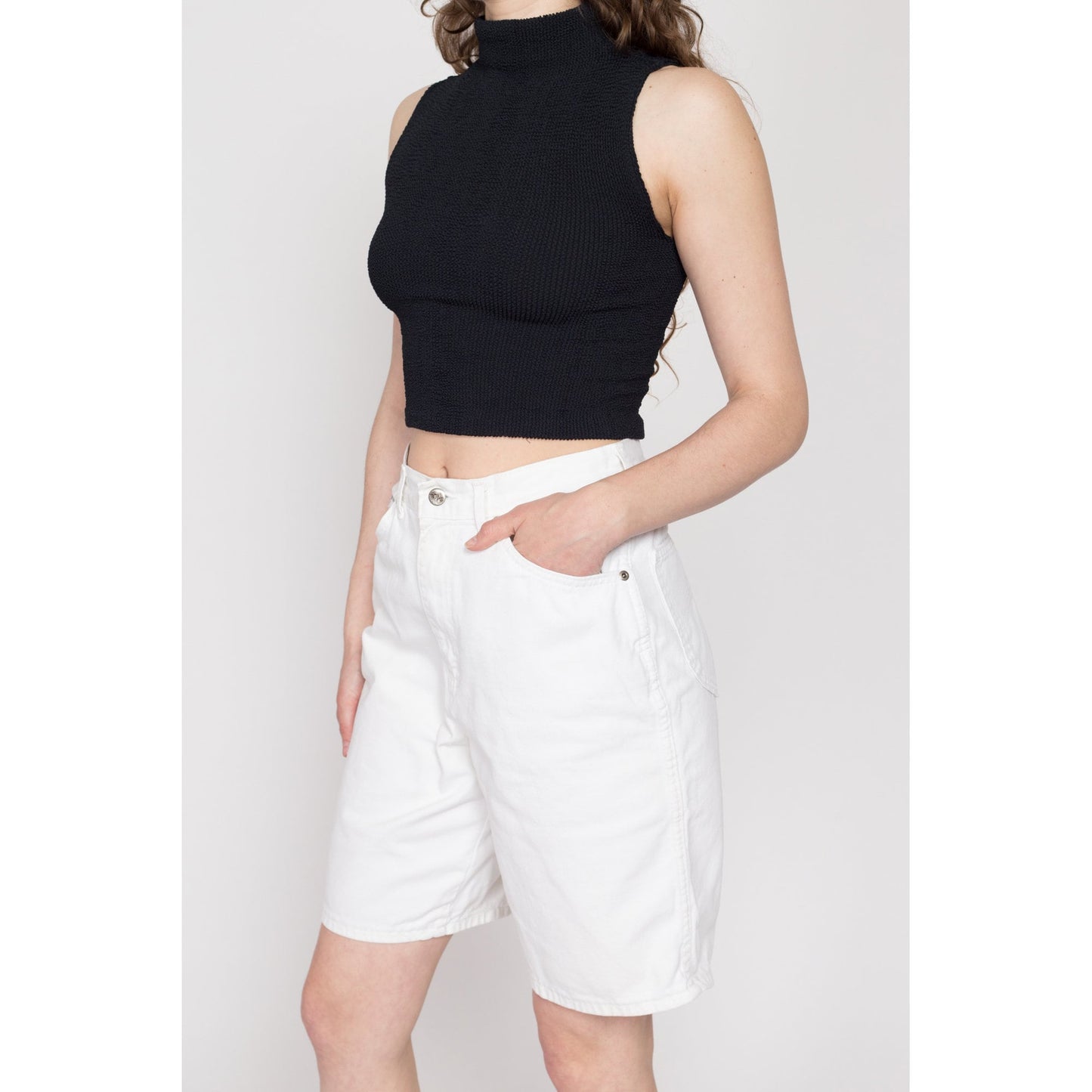 Medium 80s White Long Inseam Jean Shorts 28.5" | Vintage Chic High Waisted Denim Shorts
