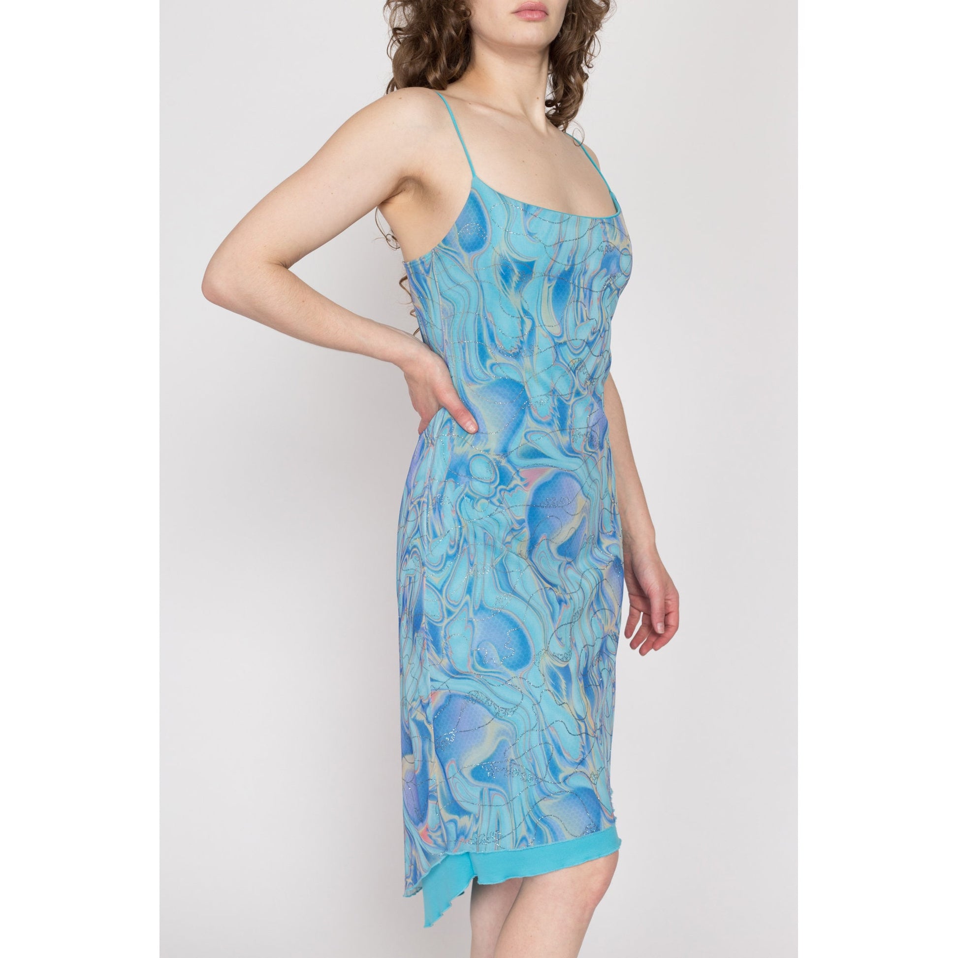 Sm-Med Y2K Blue Metallic Swirl High-Low Party Dress Flying Apple Vintage Sm-Med Y2K Blue Metallic Swirl High-Low Party Dress Flying Apple Vintage