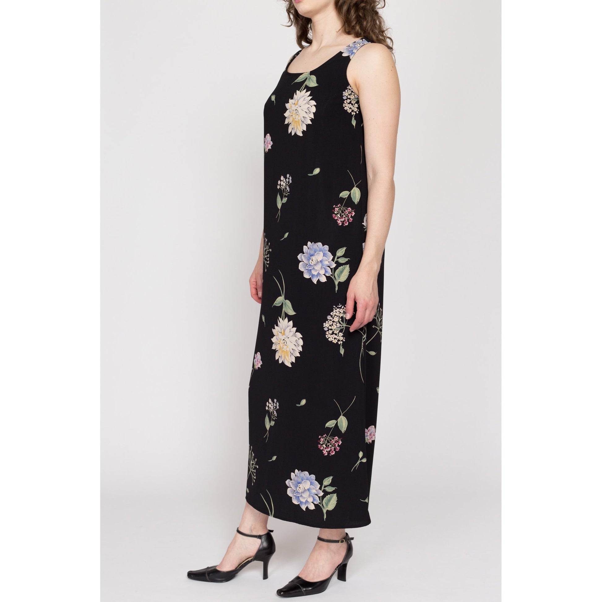 Medium 90s Black Floral Maxi Tank Dress Flying Apple Vintage Medium 90s Black Floral Maxi Tank Dress Flying Apple Vintage