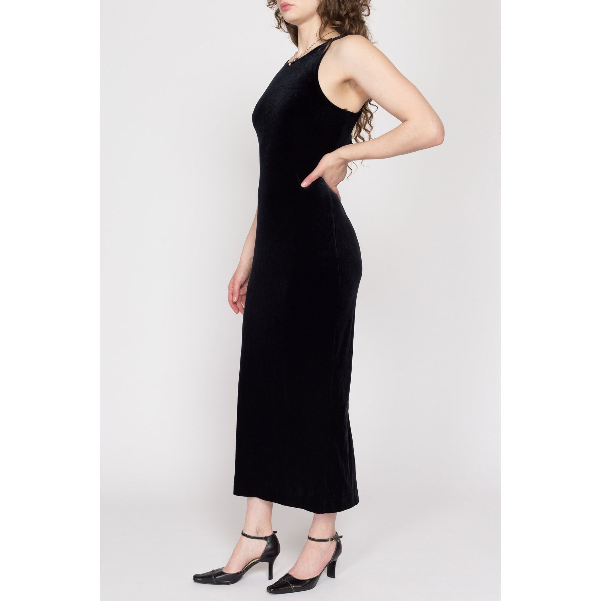 Medium 90s Black Velvet Strappy Open Back Maxi Dress | Vintage Roberta Backless Sexy Fitted Bodycon Party Gown