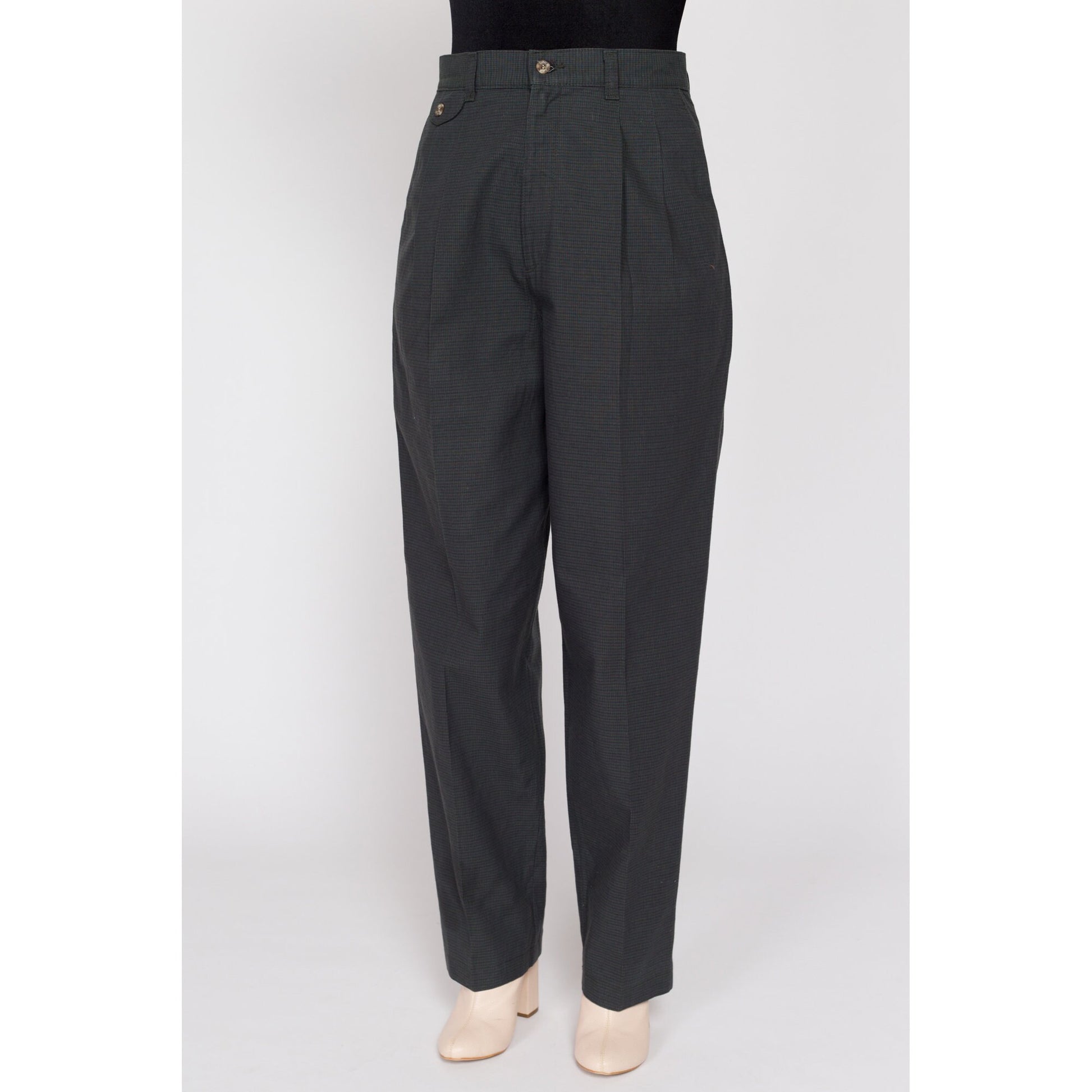 Medium 80s Lee Forest Green Plaid Pleated Trousers 28" | Vintage Cotton High Waisted Tapered Leg Pants