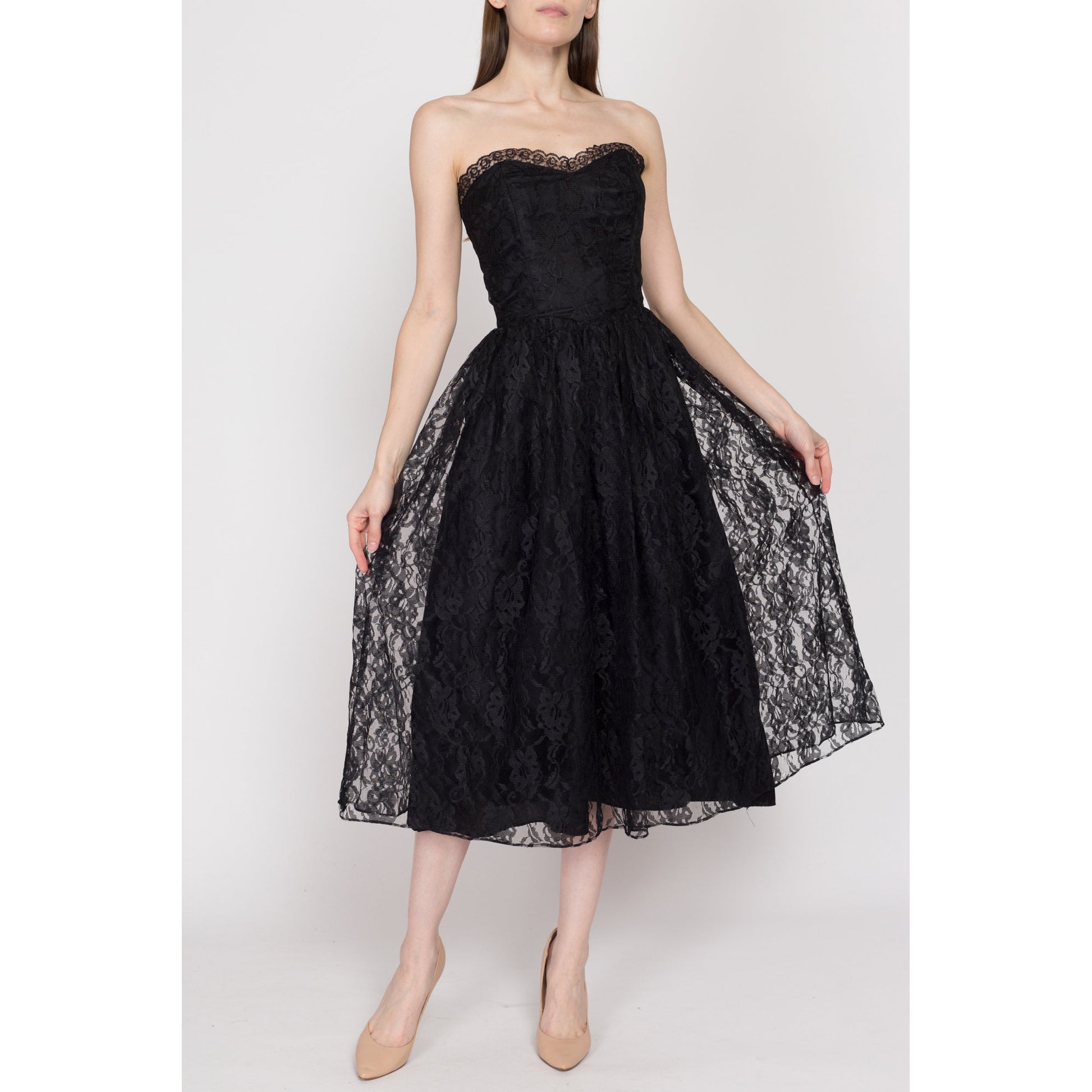 XS-Sm 80s Black Lace Strapless Party Dress | Vintage Fit & Flare Gothic Formal Midi Dress