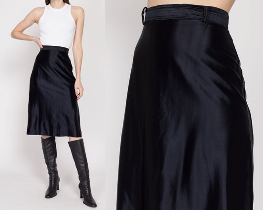 Small 70s Black Satin Side Slit Midi Skirt 26.5" | Vintage Minimalist Shiny High Waisted A Line Skirt