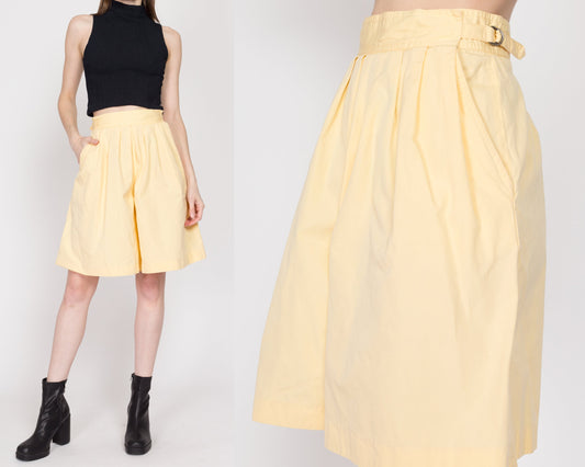 Small 80s Yellow High Waisted Wide Leg Shorts 26" | Vintage Pleated Cotton Long Inseam Mom Shorts