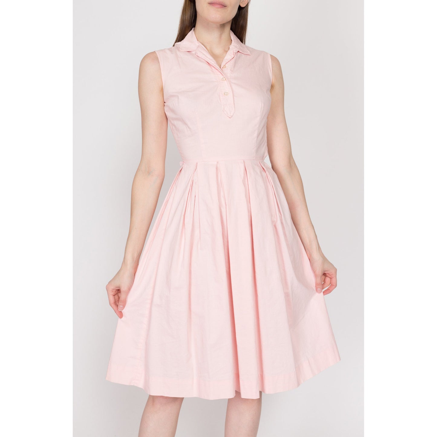 Petite XXS-XS 1950s Bobbie Brooks Pink Fit & Flare Day Dress | Vintage 50s Sleeveless Collared Pleated Housewife Mini Sundress