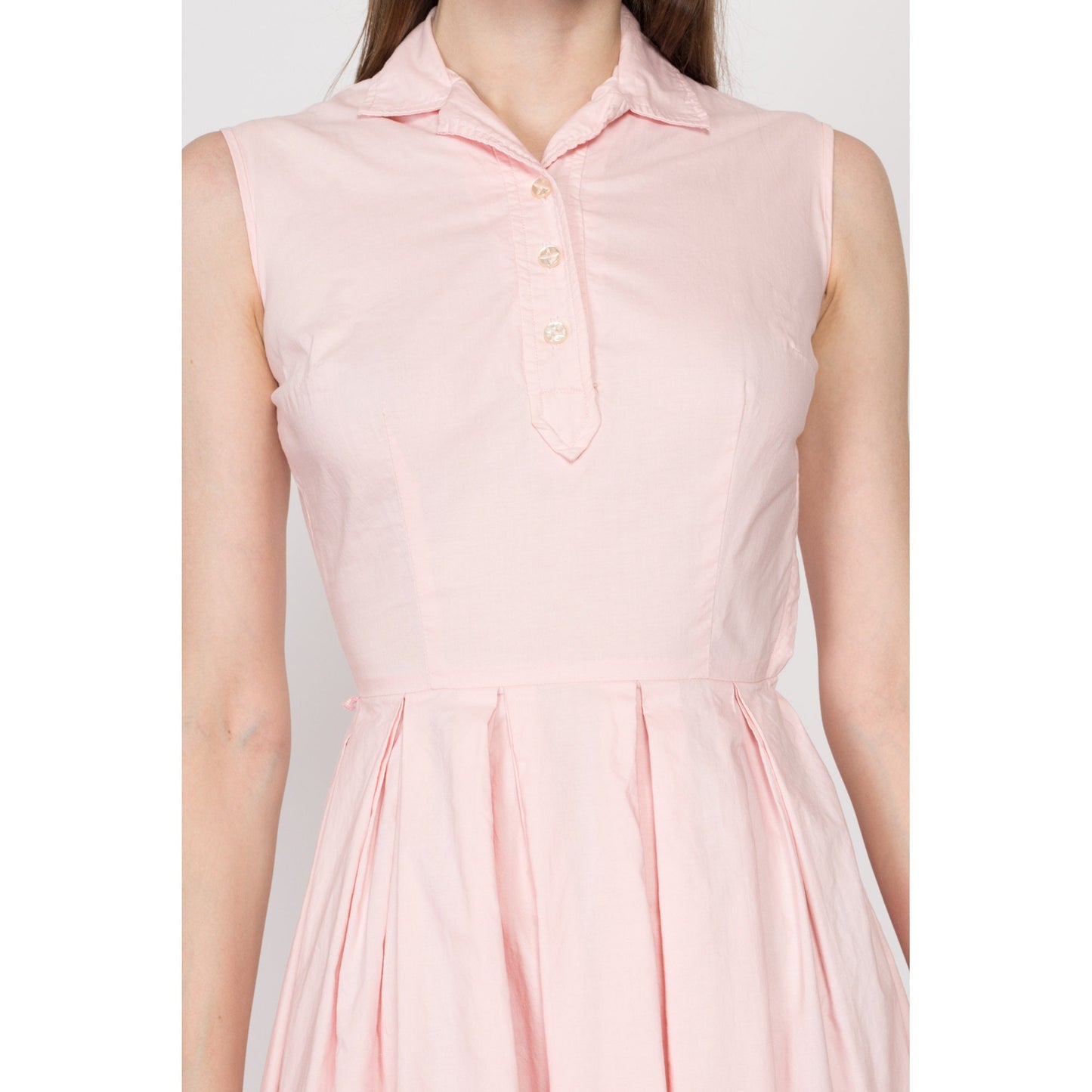 Petite XXS-XS 1950s Bobbie Brooks Pink Fit & Flare Day Dress | Vintage 50s Sleeveless Collared Pleated Housewife Mini Sundress