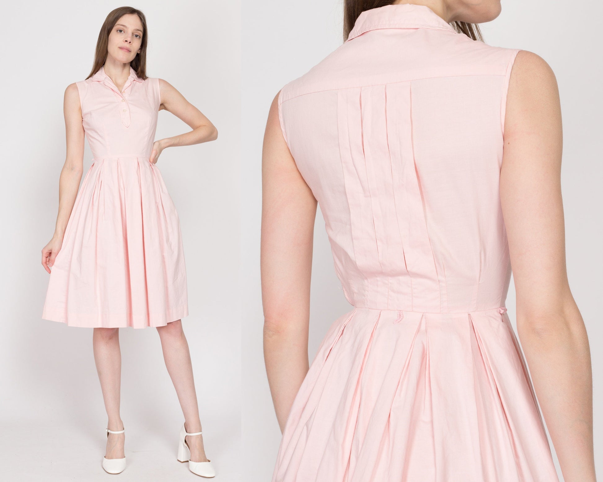 Petite XXS-XS 1950s Bobbie Brooks Pink Fit & Flare Day Dress | Vintage 50s Sleeveless Collared Pleated Housewife Mini Sundress