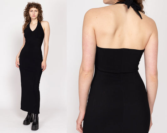 Medium 70s Black Halter Maxi Dress | Vintage Boho Backless Slinky Fitted Sundress