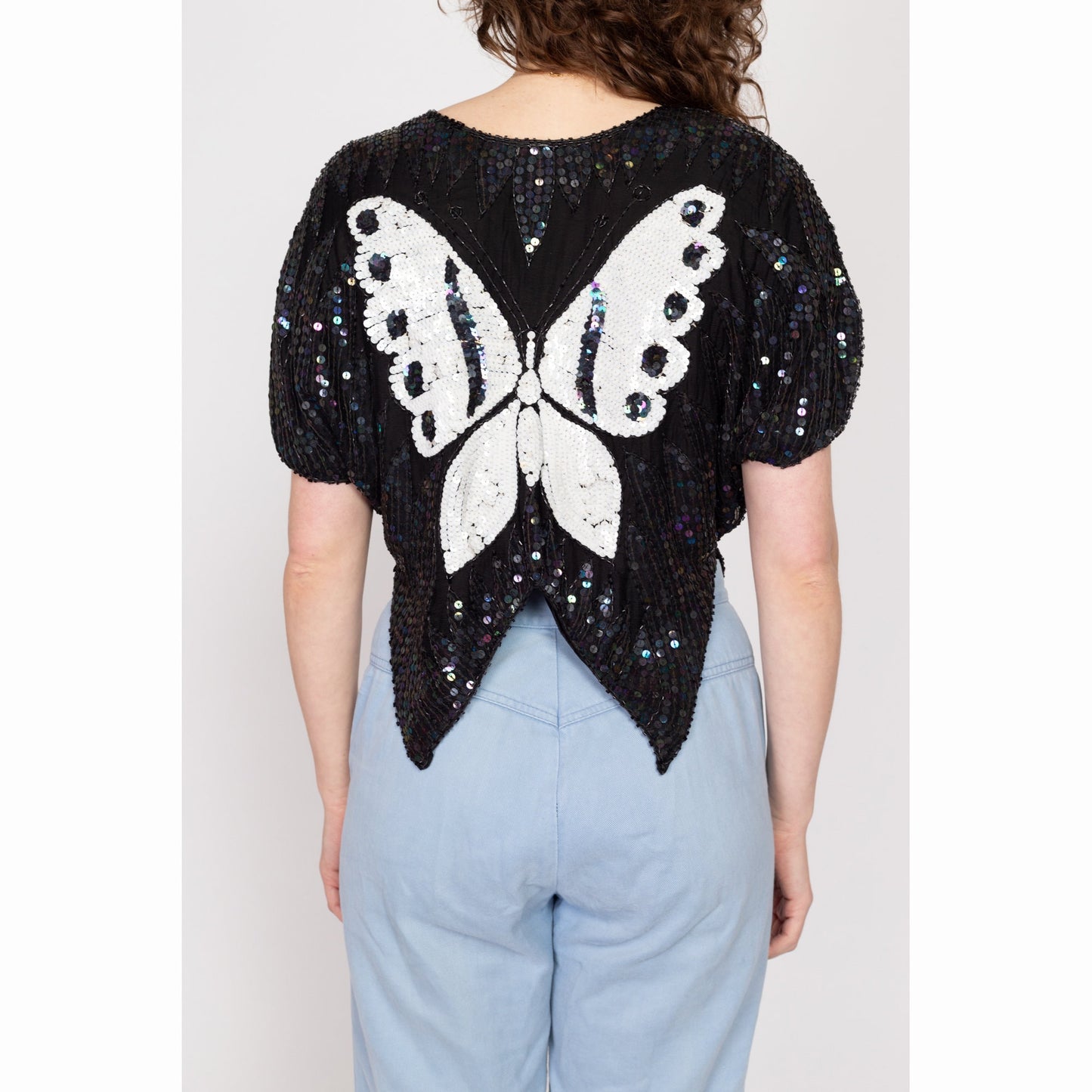 Sm-Med 80s Black & White Sequin Silk Butterfly Top | Retro Beaded Short Sleeve Disco Blouse