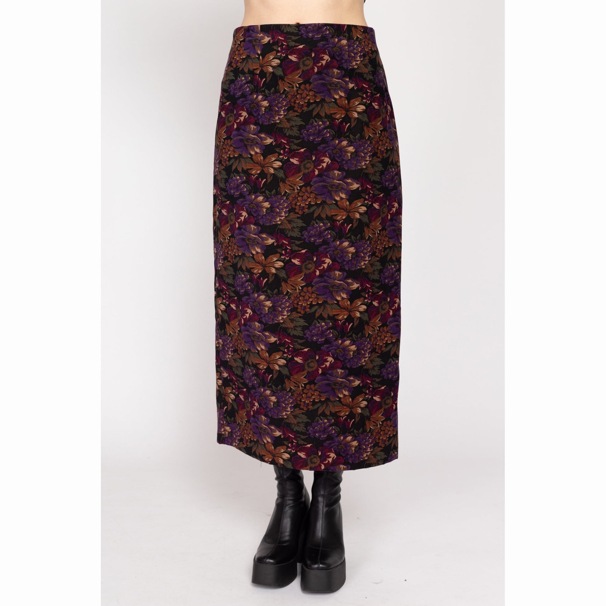 Medium 90s Dark Floral Tapestry Maxi Skirt 28" | Vintage High Waisted Boho Grunge Skirt