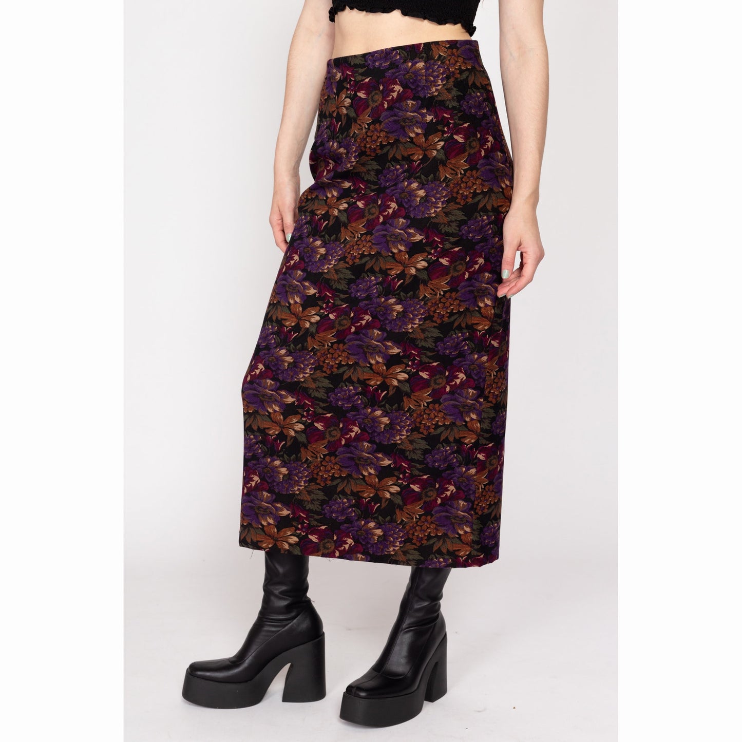 Medium 90s Dark Floral Tapestry Maxi Skirt 28" | Vintage High Waisted Boho Grunge Skirt