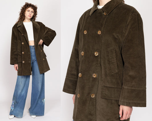Med-Lrg 80s Harve Bernard Olive Green Corduroy Peacoat | Vintage Oversize Double Breasted Collared Jacket
