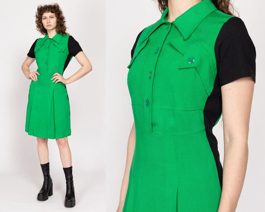 Large 70s Kelly Green Color Block Shirtdress | Vintage Pointed Collar Short Sleeve Two Tone Retro Hostess Midi Dress