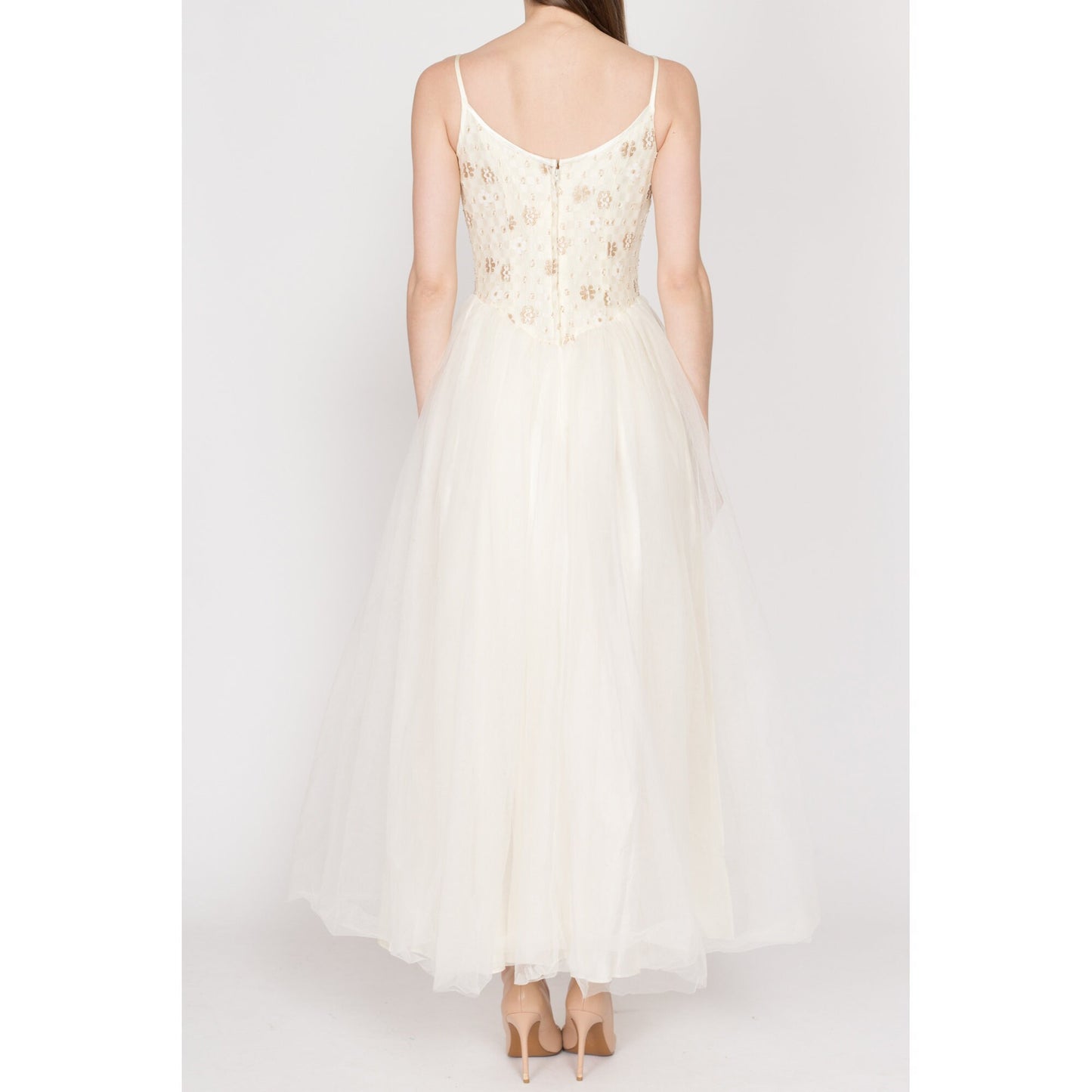 80s Alfred Angelo Floral Fit & Flare Wedding Dress | Vintage Sleeveless Mesh Tulle Bridal Gown