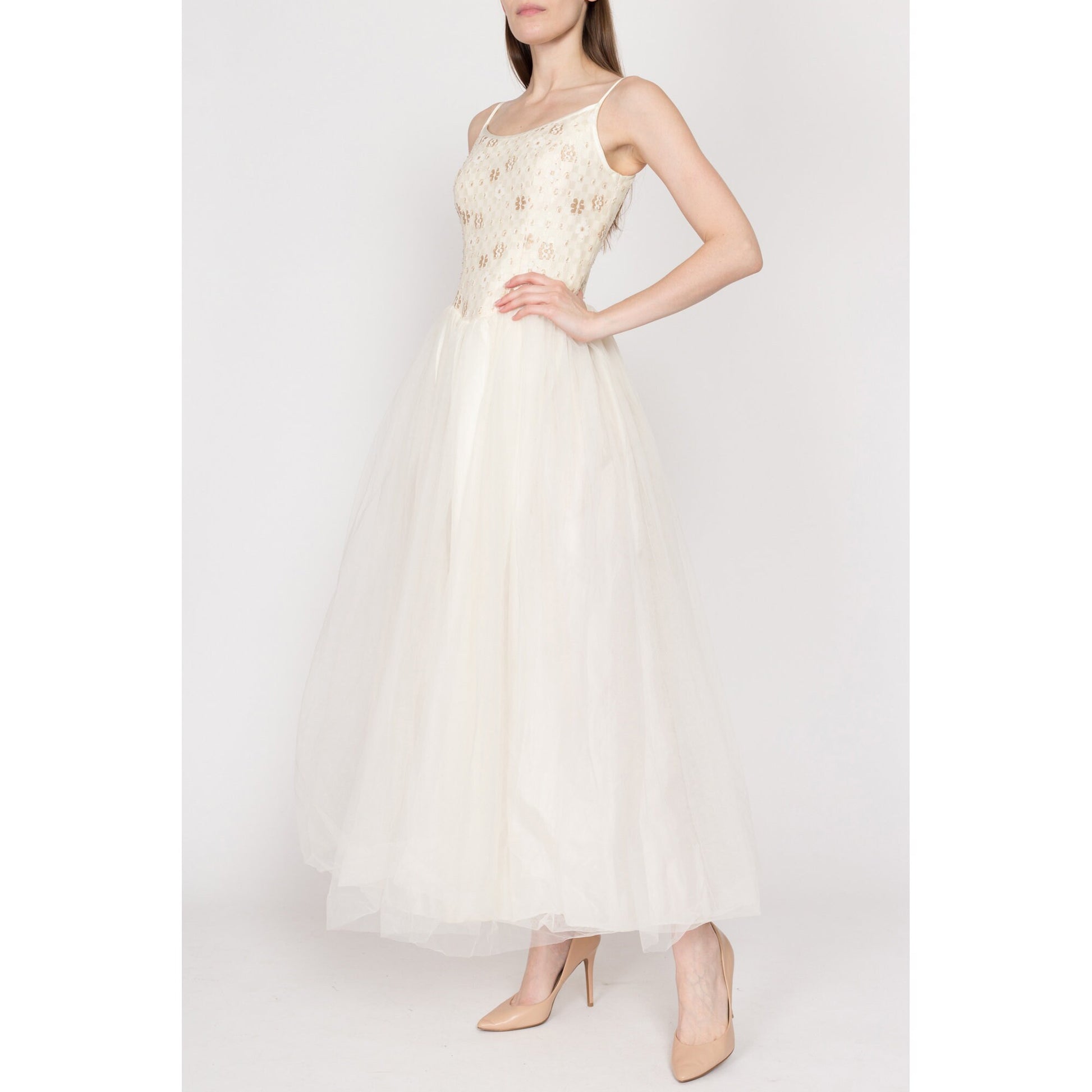 80s Alfred Angelo Floral Fit & Flare Wedding Dress | Vintage Sleeveless Mesh Tulle Bridal Gown