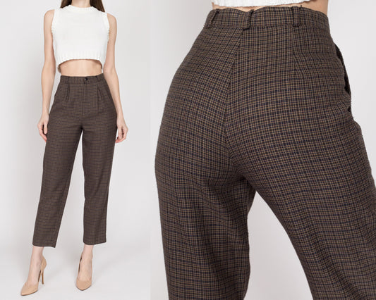 XS 80s Brown Plaid Pleated Trousers 25" | Retro Vintage High Waisted Tapered Leg Ankle Pants