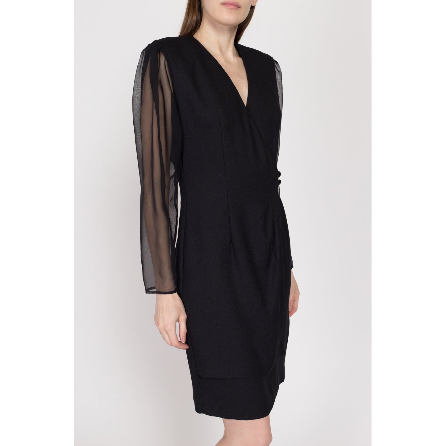 Medium 80s Black Sheer Sleeve Secretary Wrap Dress | Vintage Button Front Long Sleeve Mini Sheath Dress