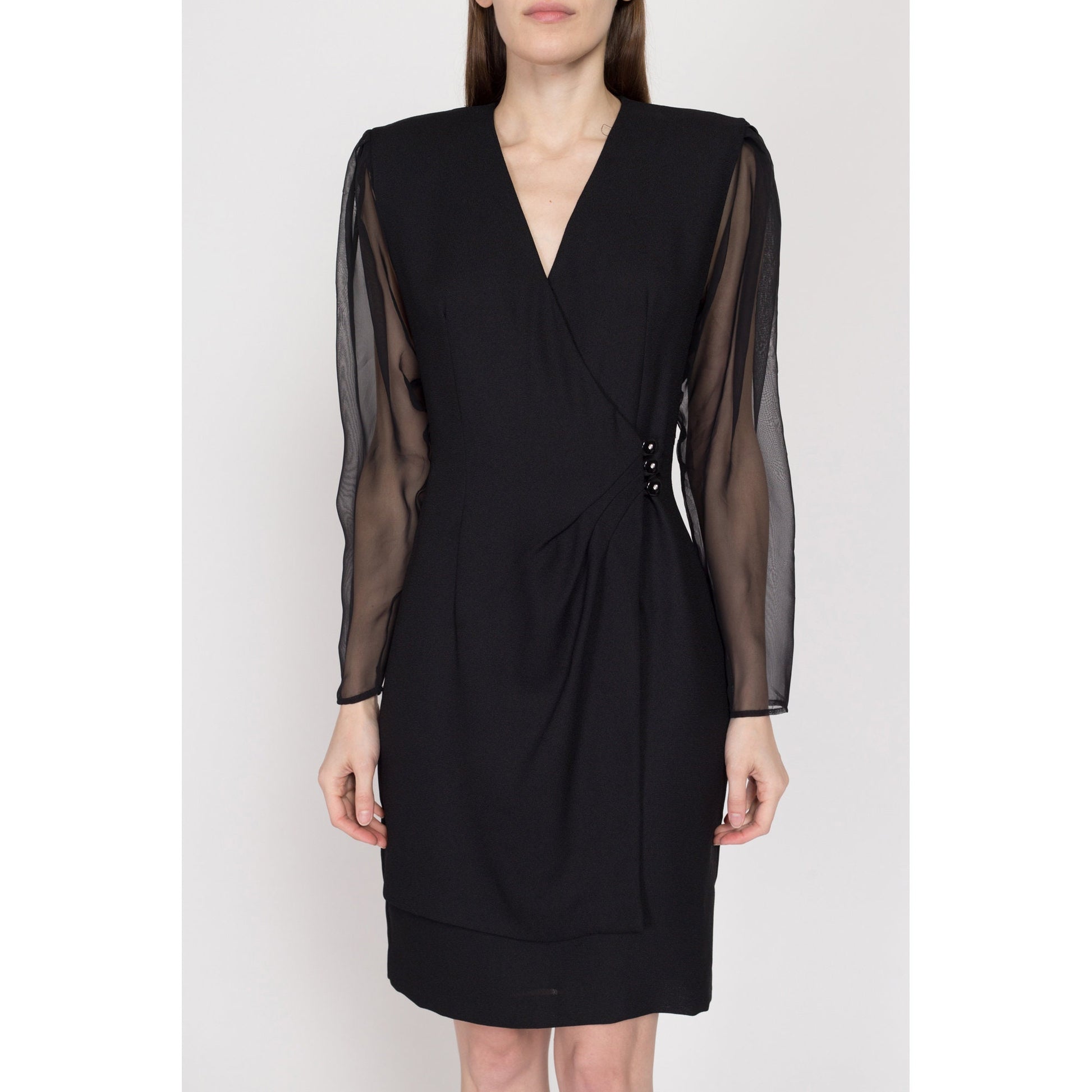 black sheer wrap dress Sheer Puff Sleeve Wrap Dress S / Black