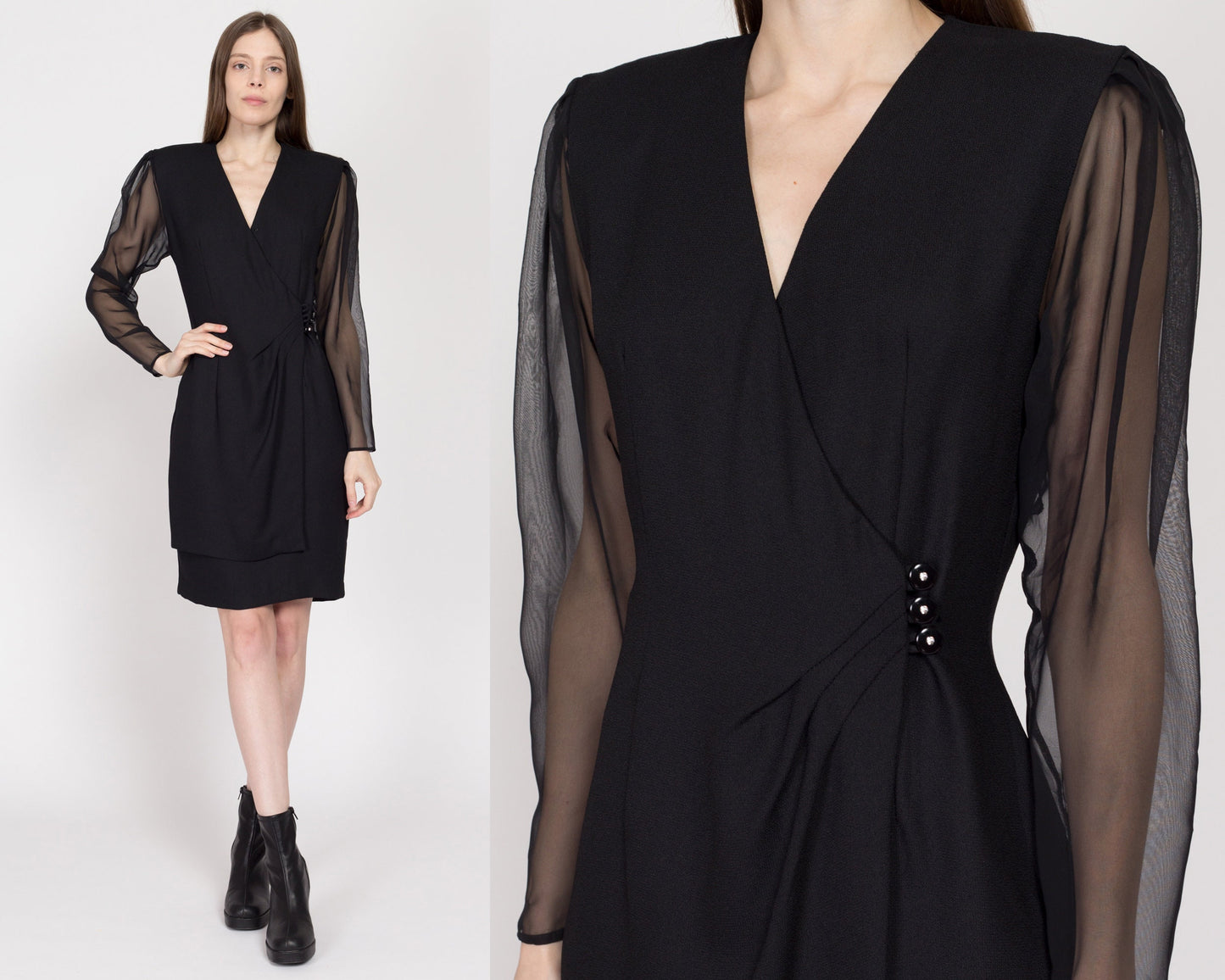 Medium 80s Black Sheer Sleeve Secretary Wrap Dress | Vintage Button Front Long Sleeve Mini Sheath Dress