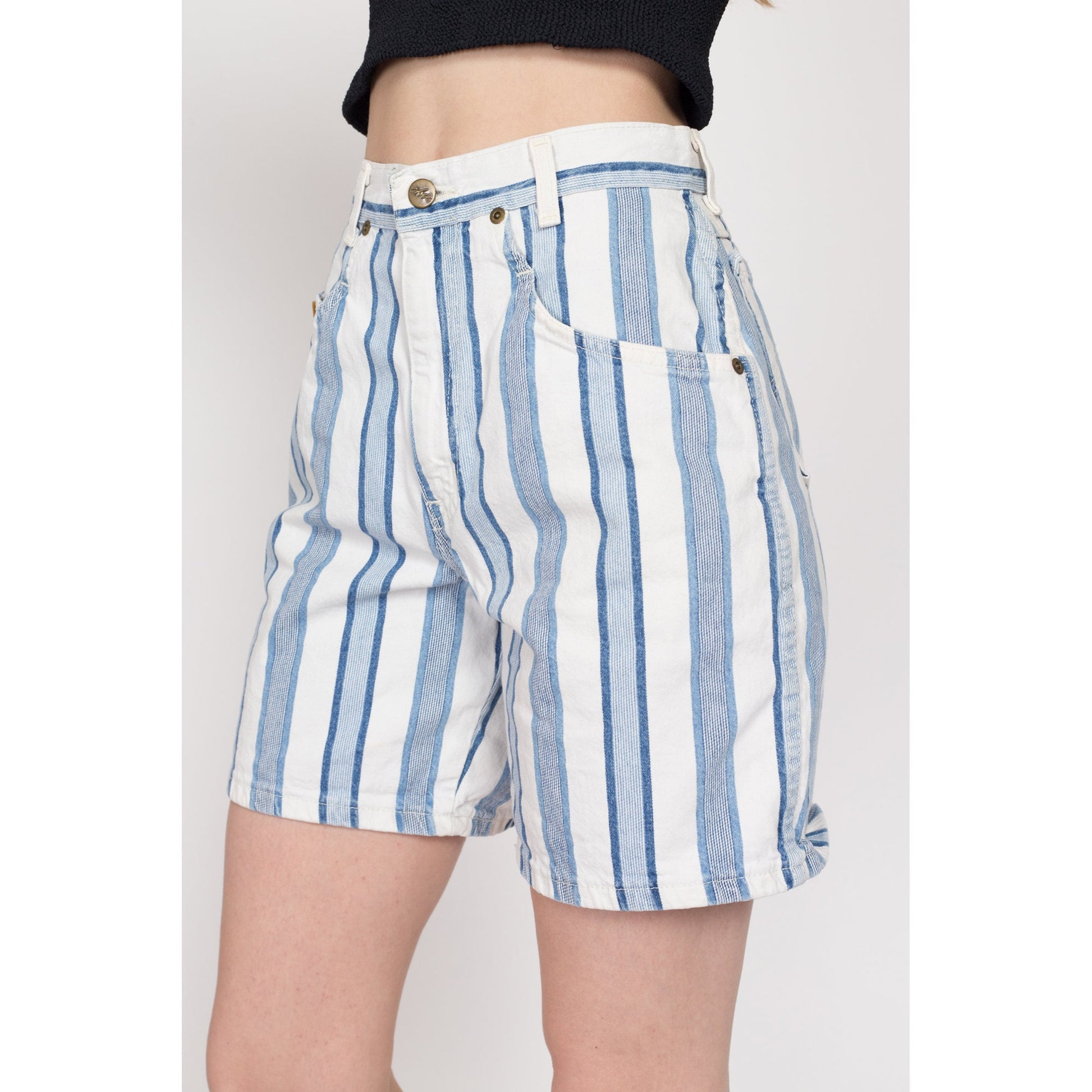 XS 80s Blue & White Striped Jean Shorts 25.5" | Vintage Chic High Waisted Denim Shorts