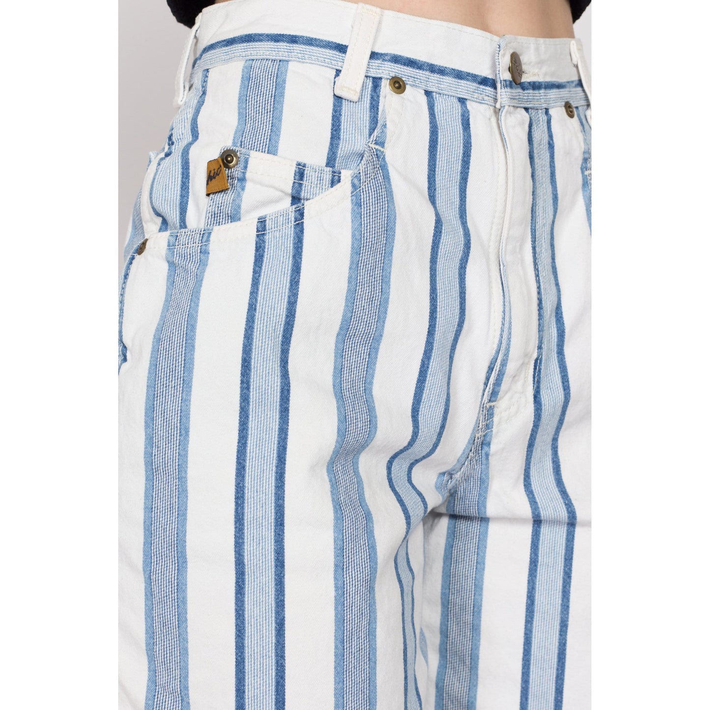 XS 80s Blue & White Striped Jean Shorts 25.5" | Vintage Chic High Waisted Denim Shorts